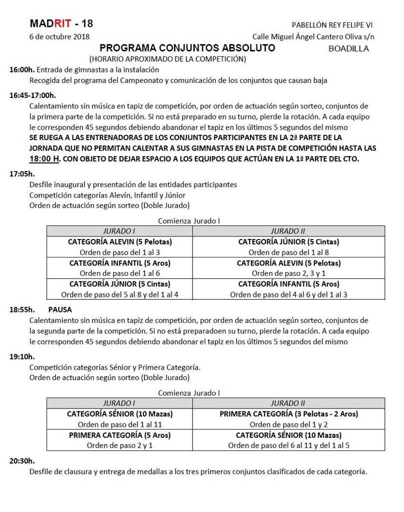 MadRIT_18's tweet photo. Programa y orden de paso @MadRIT_18 
Sábado 6 de octubre jornada de tarde - conjuntos absoluto
#Gimnasia #GimnasiaRitmica #Madrid https://t.co/uRDCfwcTZQ