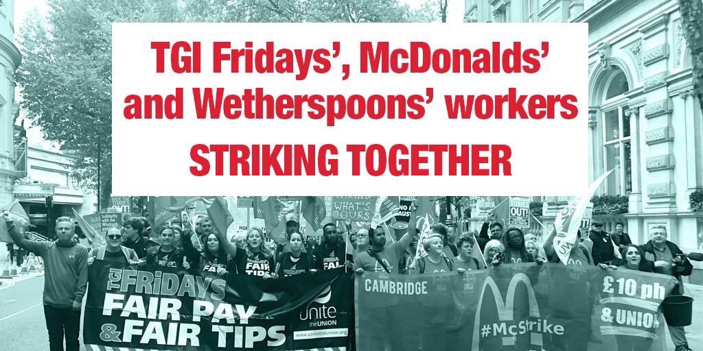 Solidarity with fastfood & hospitality workers taking action today for fair pay, better conditions, union rights and an end to precarious contracts. These workers deserve better. #SpoonsStrike #McStrike #FFS410 #AllEyesonTGIs