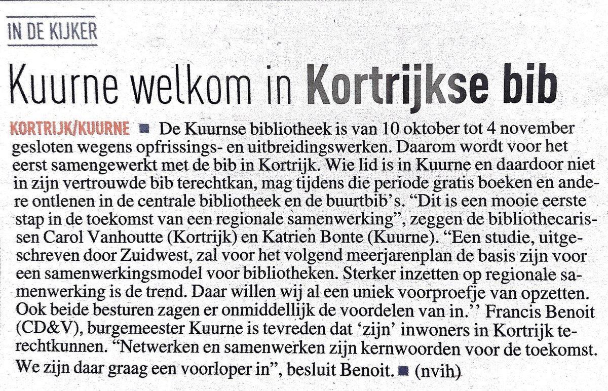 Welkom in <a href="/bibkortrijk/">Bibliotheek Kortrijk</a> #kuurne. We werken@ook straks graag verder samen.