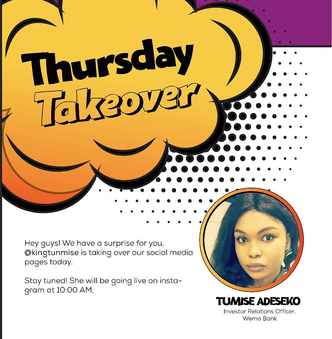 Thursday take over!

So @tunmiseadeseko our very own Wema staff will be taking over our social media pages today. 

Stay tuned guys!