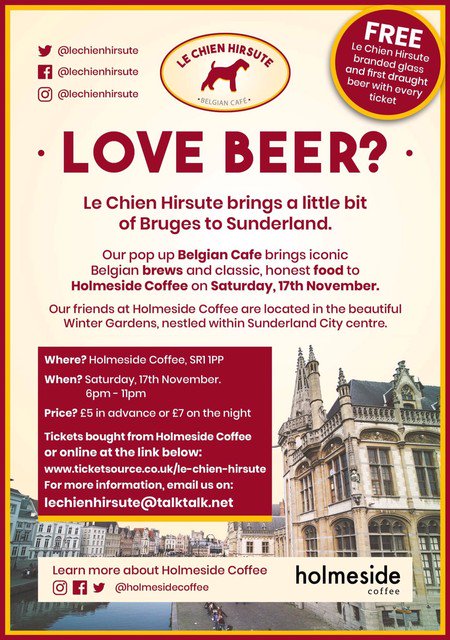 ⇉ New Event Alert ⇇

Belgian beer fans, this one’s for you! 🇧🇪

<a href="/lechienhirsute/">Le Chien Hirsute</a> Belgian Pop Up at @holmesidecoffee (Sunderland)

Sat 17th November | 6pm - 11pm

Tickets £5 from facebook.com/events/1009083…

 #sharethebeerlove #theshaggydog