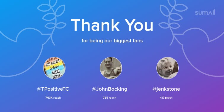 Our biggest fans this week: <a href="/TPositiveTC/">Positive Teacher Co.</a>, <a href="/JohnBocking/">John Bocking</a>, @jenkstone. Thank you! via sumall.com/thankyou?utm_s…