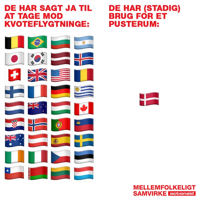 ActionAidDK's tweet photo. Det er flovt! I dag har Danmark – med Inger Støjberg som afsender – IGEN sagt nej til at modtage kvoteflygtninge. Det giver et temmelig absurd billede... #dkaid #dkpol #jatilkvoteflygtninge #kvoteflygtninge https://t.co/ezUwIANU8C