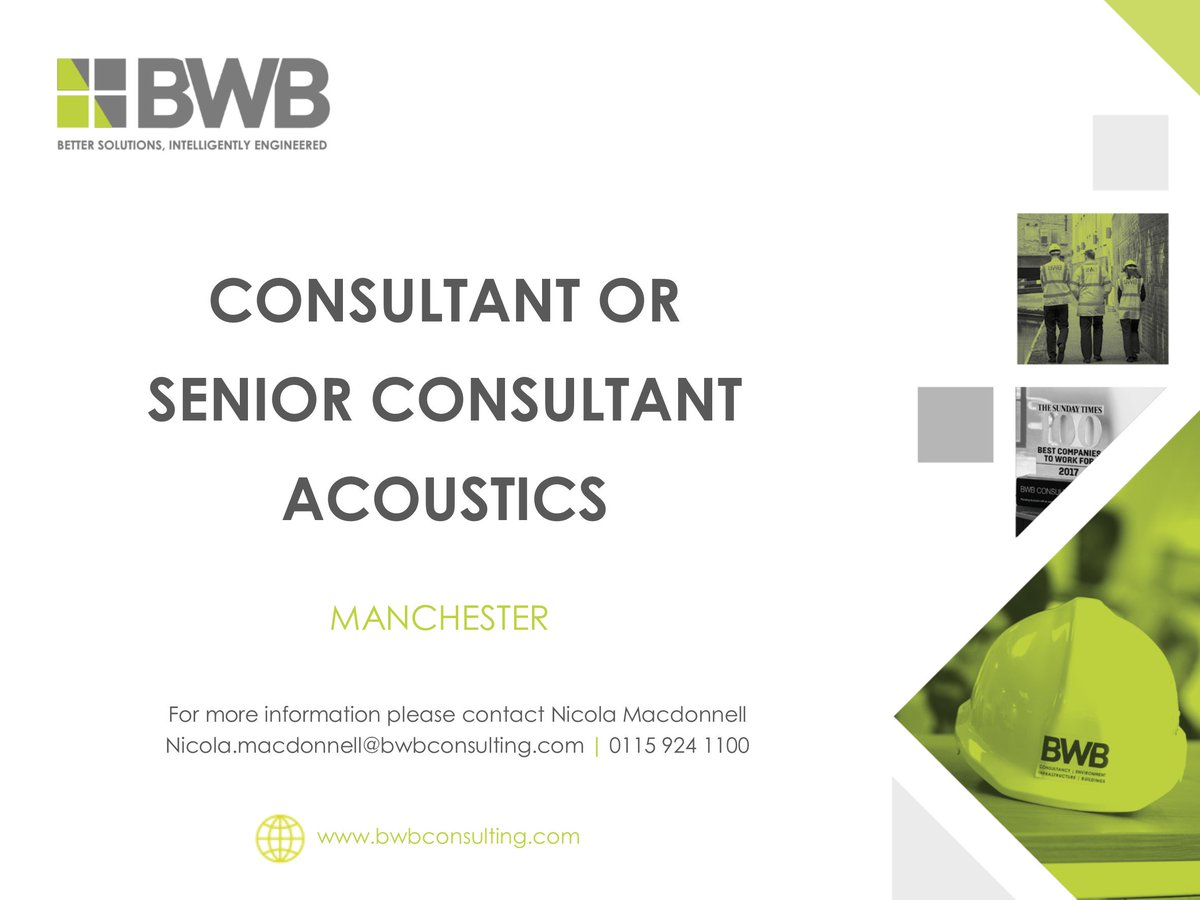 We are recruiting for a Consultant or Senior Consultant to join the Acoustics team in our Manchester office.eu1.advorto.com/BWBConsulting/…