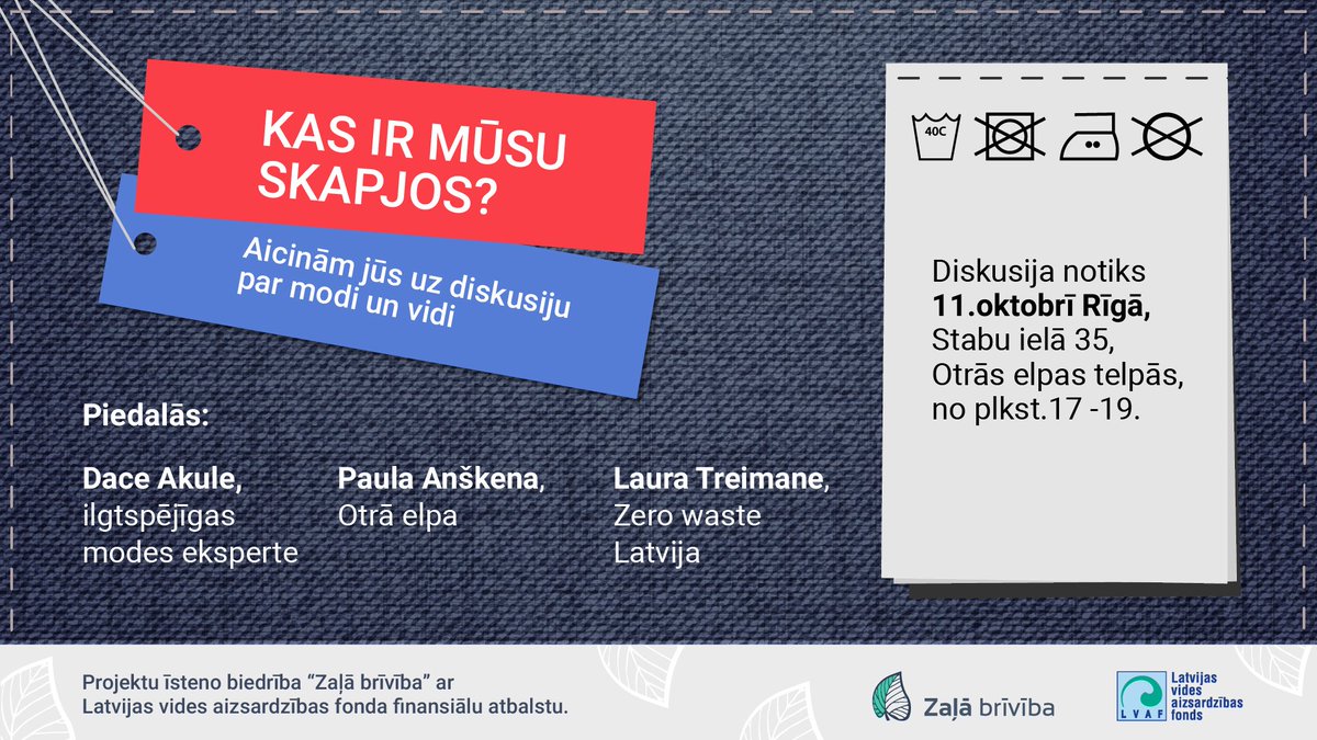 Aicinām uz diskusiju Rīgā, 11.oktobrī par modi un tās ietekmi uz vidi. Diskusijā piedalīsies ilgtspējīgas modes eksperte <a href="/DaceAkule/">Dace Akule</a> no Zaļās Brīvības, Paula Anškena no <a href="/Otra_elpa/">Otrā elpa</a> un Laura Treimane no Zero Waste Latvija. #KasIrMūsuSkapjos #FastFashion