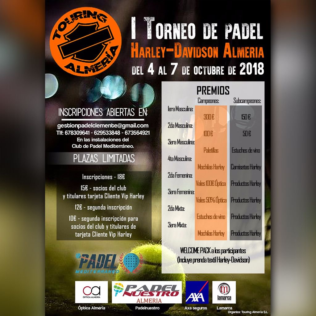 ¡¡¡YA ESTÁN EN NUESTRA WEB LOS CUADROS DEL TORNEO HARLEY DAVIDSON!!!
¿Sabes ya cuándo juegas? ¡Nos vemos en las pistas!
padelmediterraneo.es/cuadros-torneo…
#Padel #Almería #TorneoHarleyDavidson #padelmediterraneo