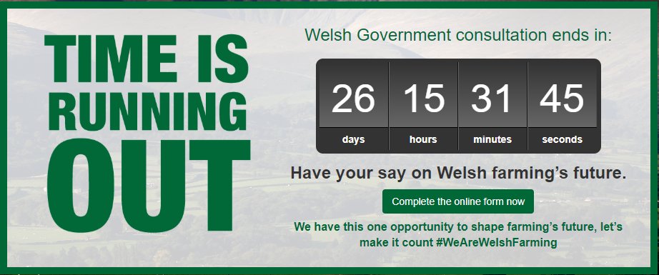 Our countdown clock is now live. There are 26 days left to HAVE YOUR SAY on the most important consultation for Welsh farming in a generation. Make your voice heard by responding through our simple, individual online form: goo.gl/ujwtwX
