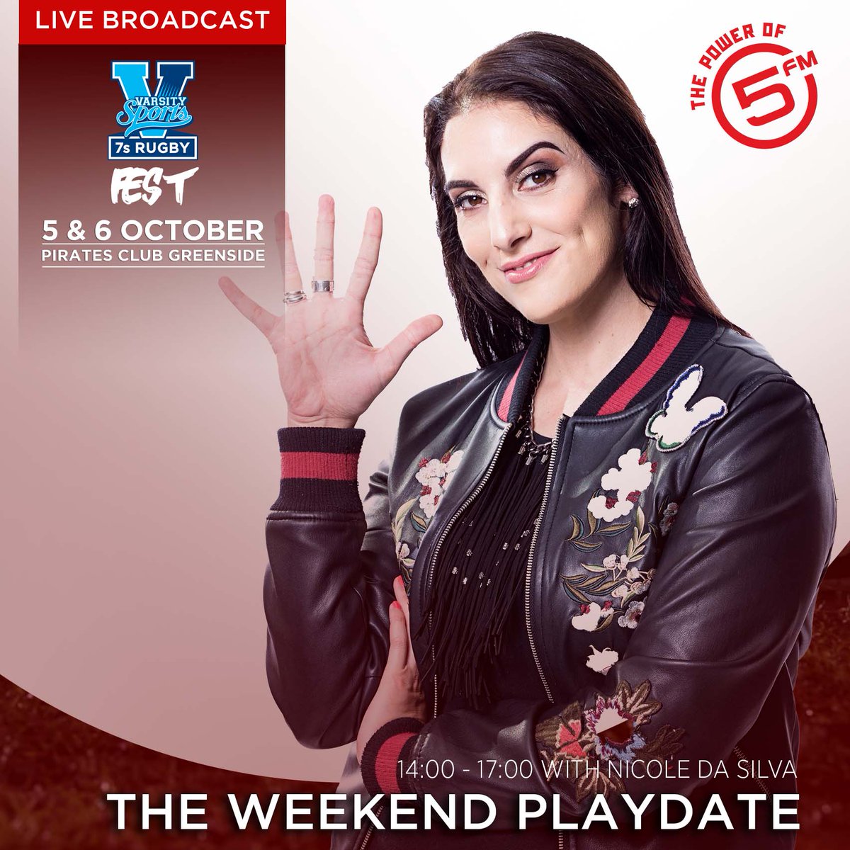 5FM's tweet photo. . @ThatNicole back at #Varsity7sFest today for The @WeekendPlayDate!

We have big screen for the big Boks VS All Blacks match too! 

#varsity7s5FM https://t.co/2gKRH07n19