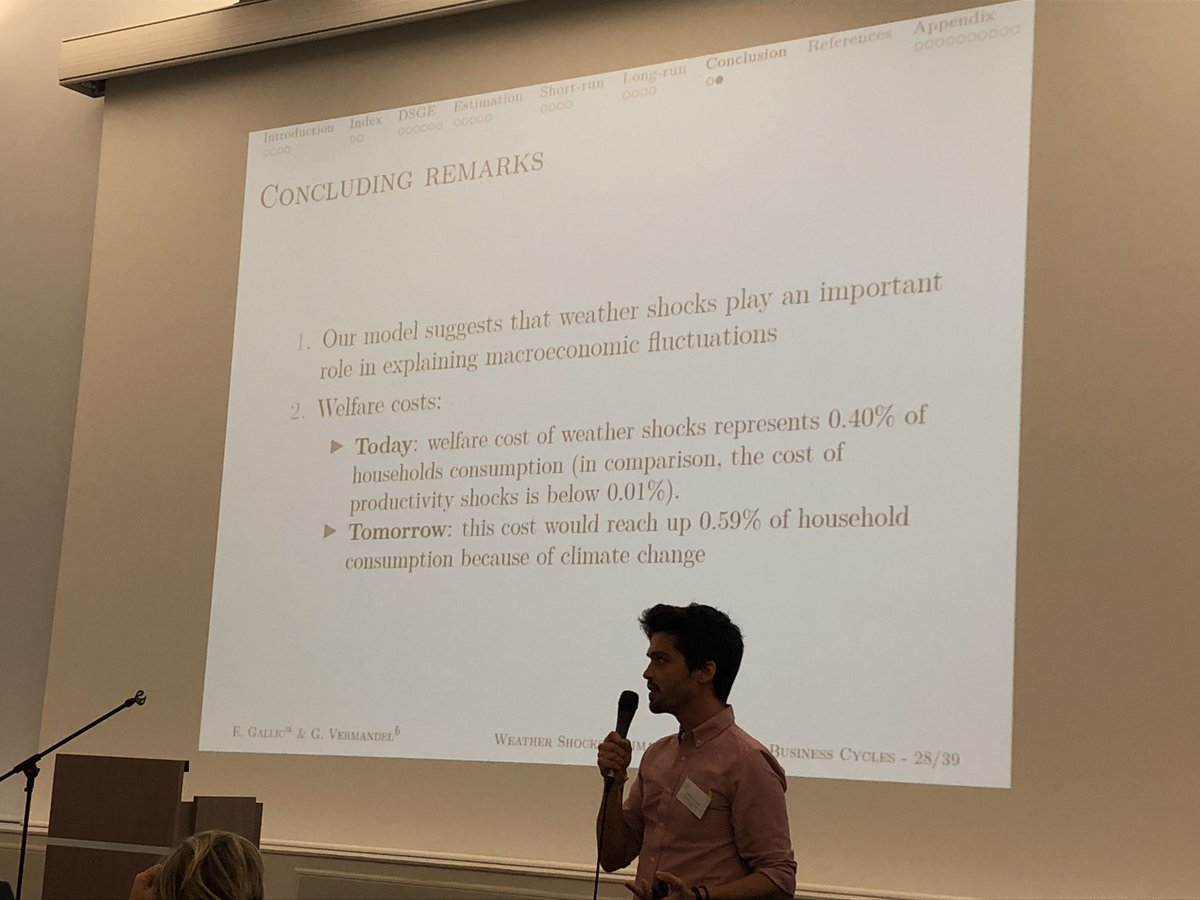 Civel_Economics's tweet photo. 🏜#CEC2018 #environment @gVermandel from @Paris_Dauphine   builds a macro-economic model to analyze impacts of #WeatherShocks on #BusinessCycles, and then the ones of #ClimateChange, using the case of droughts in New Zealand. Great joint work with @3wen ! https://t.co/xO48puTTtu