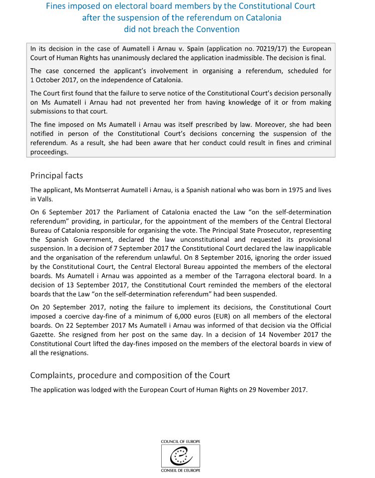 a_nmilara's tweet photo. 👉 1ª sentencia del Tribunal Europeo de DDHH sobre el 1-O: respalda la multa de €6.000 que impuso el TConstitucional a los miembros de las mesas electorales.
Explica que ya estaban avisados de que el referéndum fue invalidado y que la multa está prevista por ley. https://t.co/e353Vd7TSG