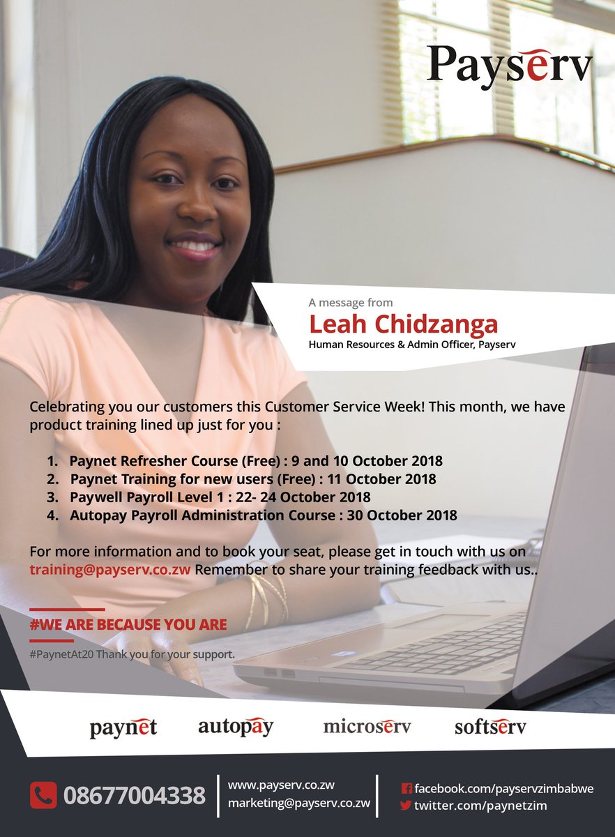 PayservZimbabwe's tweet photo. We are celebrating you our valued customers. Happy customer service week ! A special message for you from Leah Chidzanga 👇#CustomerServiceWeek2018 #WeAreBecauseYouAre We thank you ! 👏👏👏 https://t.co/TwSXyUj02h