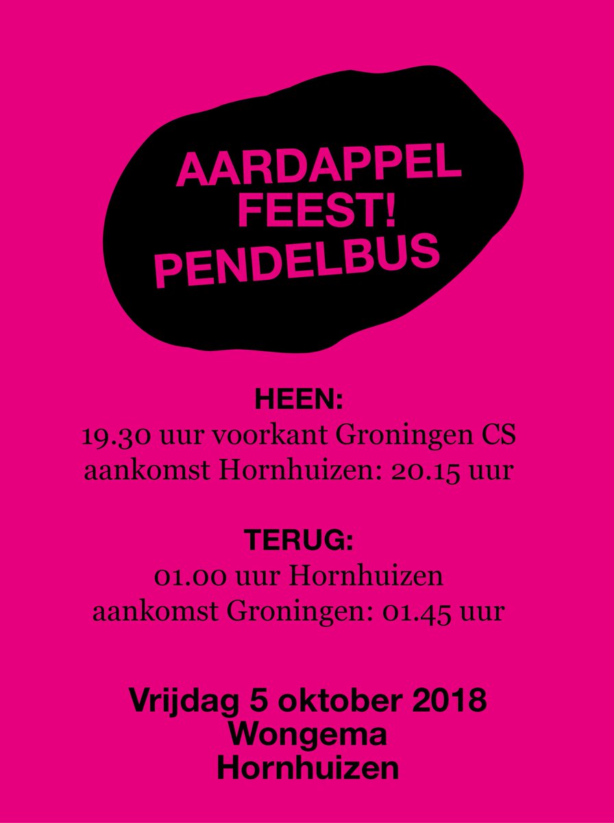 aardappelfeest's tweet photo. Er rijdt een gratis bus van Groningen naar het Aardappelfeest (en terug)! Op vertoon van je kaartje (verkrijgbaar via https://t.co/FIqd9IfxPD) reis je gratis naar Hornhuizen, waar je de hele avond kunt genieten van geweldige muziek, kunst en aardappels 😍🥔

Dit is het rijschema: https://t.co/UYFracXZOi