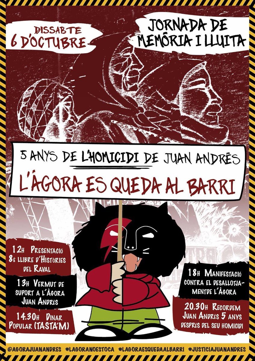 Dissabte 6 d'octubre baixarem al #Raval a rememorar i donar suport a la lluita de les companyes de l'<a href="/agoraJuanAndres/">Àgora Juan Andrés 🇵🇸</a>. Defensar l'Àgora és defensar els barris! #LÀgoraNoEsToca #LÀgoraEsQuedaAlBarri #JustíciaJuanAndrés