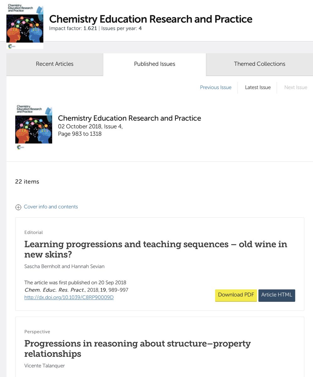 The latest issue of Chemistry Education Research and Practice includes 20 articles, 8 of which relate to the special theme of learning progressions and teaching sequences - all now available free access at pubs.rsc.org/-/journals/jou…