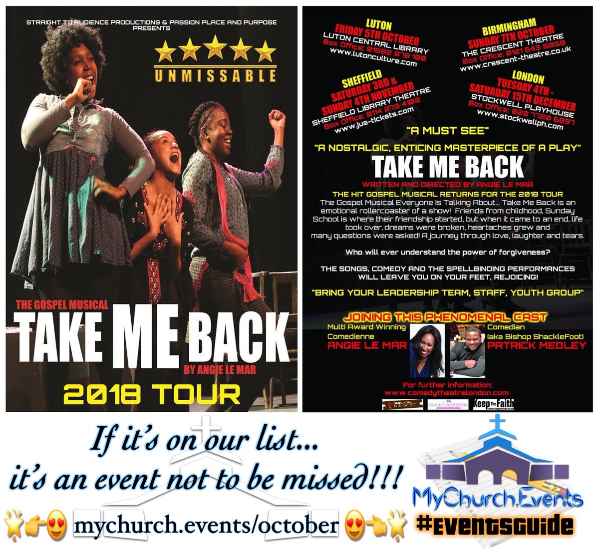 MCE_Updates's tweet photo. TOMORROW IN LUTON &amp; SUNDAY IN BIRMINGHAM‼️

#UNMISSABLE

@angielemar returns this weekend with her hit #gospelmusical TAKE ME BACK

See you at #LutonCentralLibrary &amp; @crescenttheatre

GET YOUR TICKETS NOW: 🎟

https://t.co/iyyd6Lp4g1

#mychurchevents #takemeback #2018Tour https://t.co/O1HfRLup2T