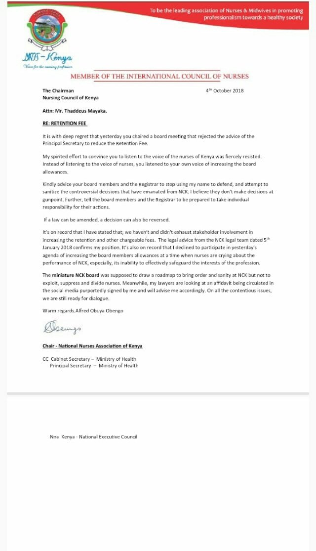 THAT <a href="/NCKenya/">Nursing Council of Kenya</a> chair, held a board meeting to reject advise from health PS, to reduce the nck retention fee

That the board Met and deliberated on increasing their allowances

That <a href="/NCKenya/">Nursing Council of Kenya</a> approved KSH. 2000 ANNUAL FEE for renewal of the nurses Licence

Who is Mayaka working for?