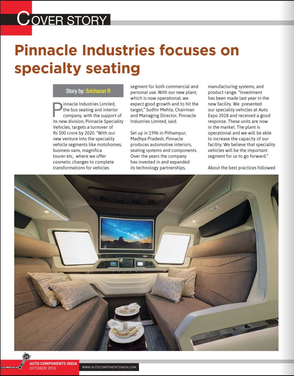 pinnacle_ind's tweet photo. Cover Story in @autocomponentsindia : Pinnacle Industries focuses on speciality seating
#VehicleSeating #SpecialityVehicles #AutomotiveInteriors #PinnacleVehicles #PSV https://t.co/LzAaBRC2Uj