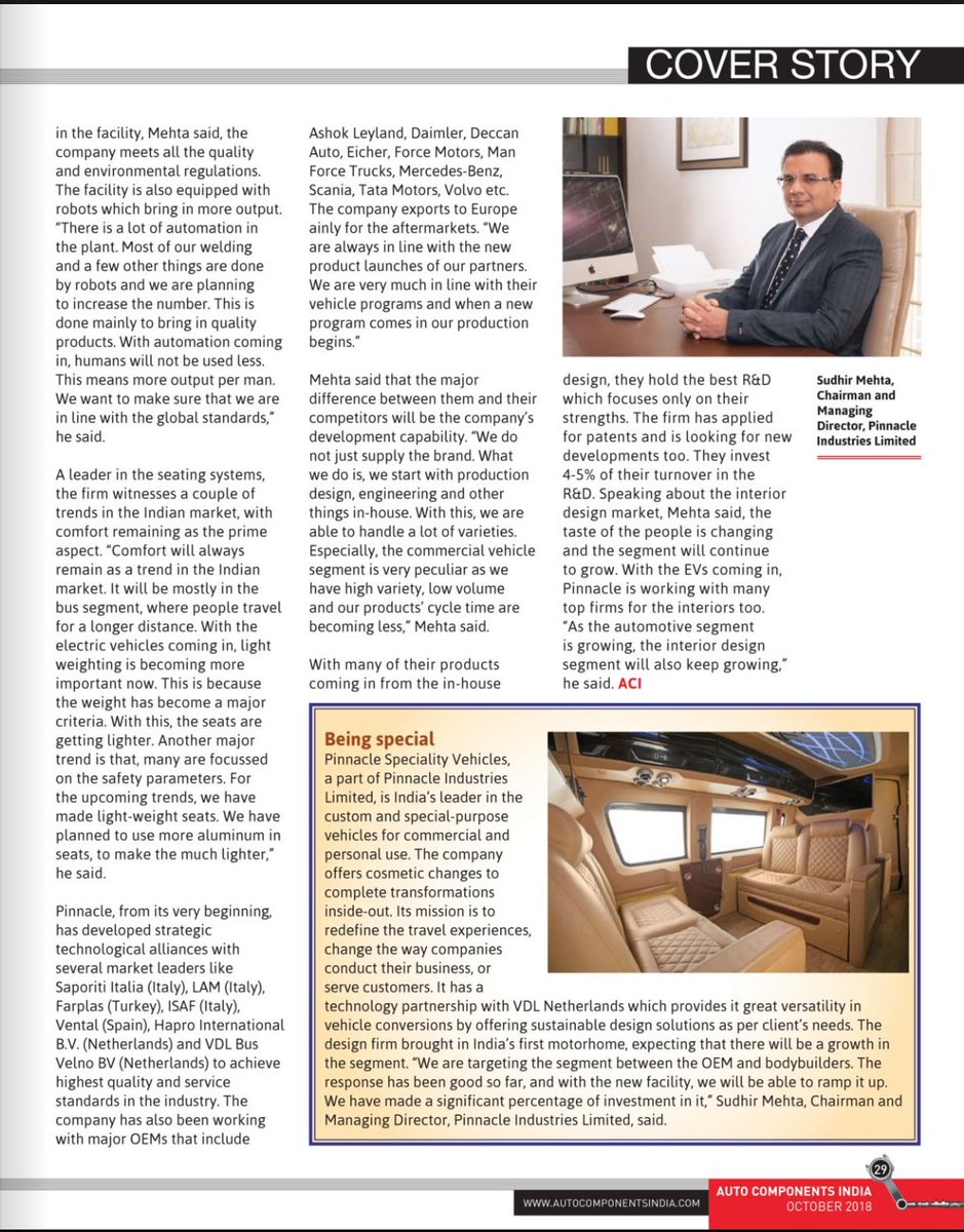 pinnacle_ind's tweet photo. Cover Story in @autocomponentsindia : Pinnacle Industries focuses on speciality seating
#VehicleSeating #SpecialityVehicles #AutomotiveInteriors #PinnacleVehicles #PSV https://t.co/LzAaBRC2Uj