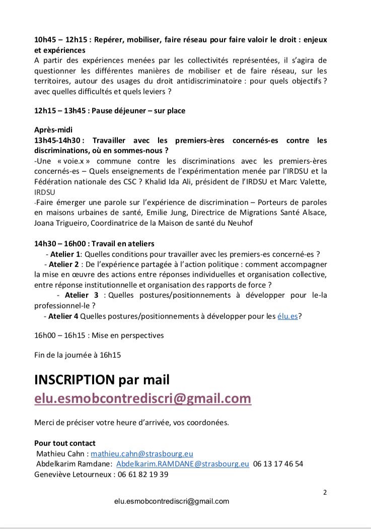 Prochain séminaire du réseau d’élu.Es se déroulera les 18 et 19 octobre à Strasbourg.
Journée open aux acteurs/rives locaux et du Grand Est 
"De la théorie à la pratique : échanges d’expériences sur #LCD 
INSCRIPTION par mail ici elu.esmobcontrediscri@gmail.com