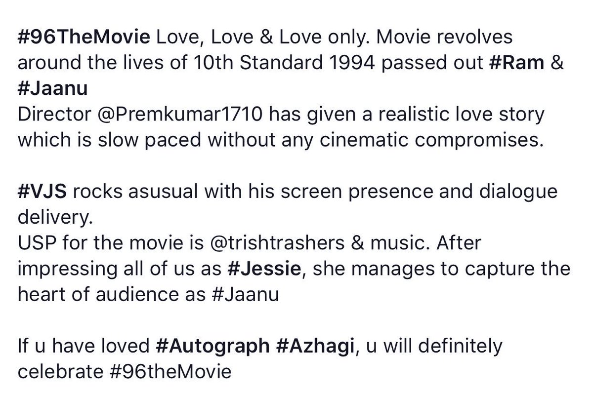 sathishmsk's tweet photo. #96FromToday #96TheMovie #96Review #CommonManSathish
@VijaySethuOffl @trishtrashers @Premkumar1710 @govind_vasantha @Chinmayi @MadrasEnterpriz @7screenstudio @gopiprasannaa @Poet_UmaDevi @thinkmusicindia @proyuvraaj https://t.co/U9hPjah2Ik