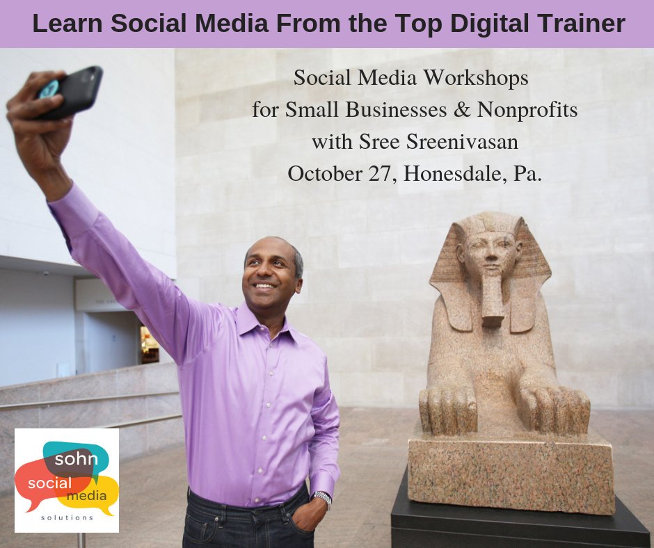 Top Digital Trainer Sree Sreenivasan, former CDO of The Met to teach social media workshops in NEPA on Sat, Oct 27 at the Stourbridge Project in Honesdale.  Small Biz workshop goes from 10 to 1, and NFP runs from 2 to 5. Tickets, go to sreepa.eventcombo.com