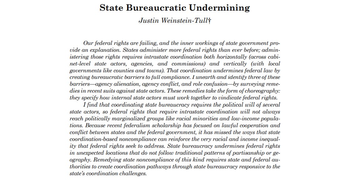 Justin Weinstein-Tull explores how states undermine federal rights not out of hostility, but because states are plural bodies that lack coordination. lawreview.uchicago.edu/publication/st…