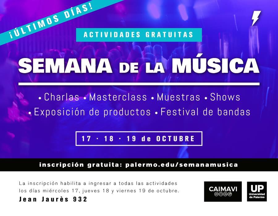La Facultad de Diseño y Comunicación de la #UniversidaddePalermo junto a #CAIMAVI organizan la #SemanaDeLaMúsica y el Festival de Bandas que premia a las nuevas generaciones de músicos argentinos.  📆17, 18 y 19 de octubre. 
➡️palermo.edu/semanamusica
