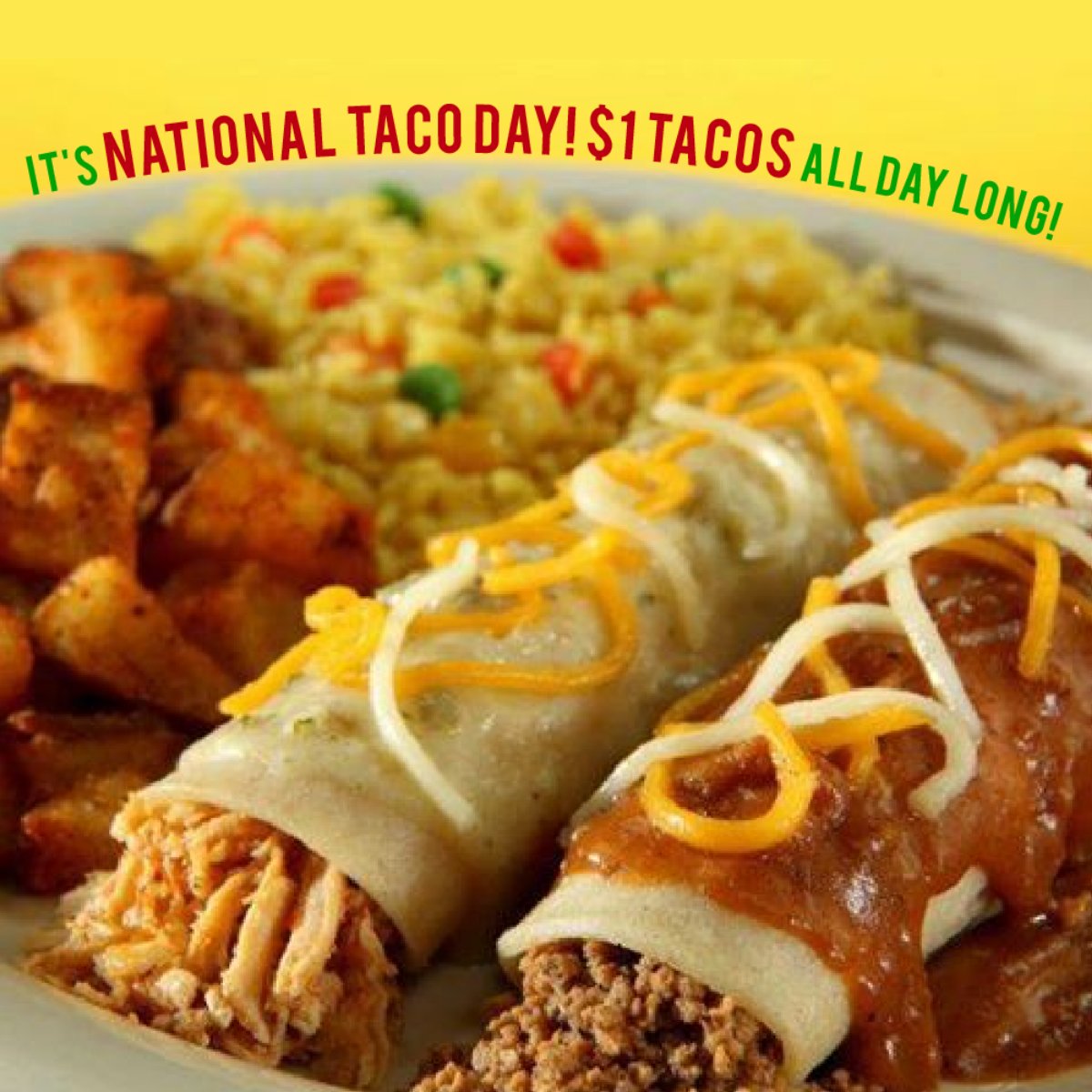 BRFuzzysTaco's tweet photo. It's our favorite day of the year! Help us celebrate and enjoy $1 tacos all day long today. See you here! https://t.co/fMNuE70tn5