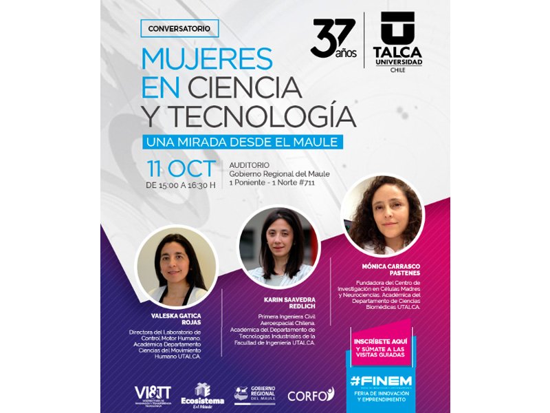 Te invitamos a participar del conversatorio “Mujeres en Ciencia y Tecnología, una mirada desde el Maule”, el 11 de octubre, en el Auditorio del Gobierno Regional del Maule, que se realizará en el contexto de @Finem2018 

+ Info: goo.gl/pavx6t

#MujeresEnCiencia #UTalca