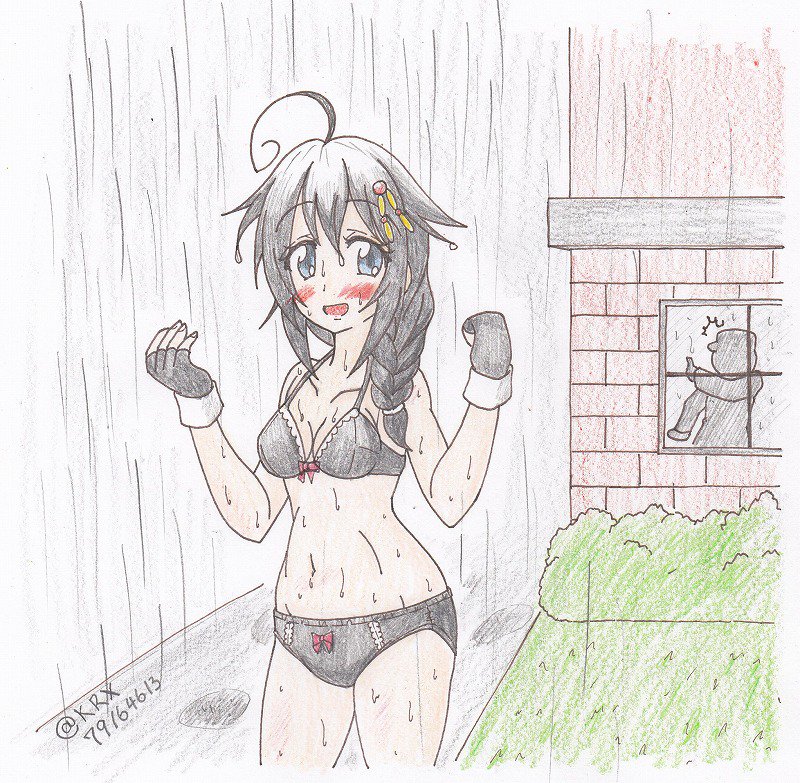 #艦これ版深夜の真剣お絵描き60分一本勝負
 #艦これ版真剣お絵描き60分一本勝負_20181004
 #時雨
時雨、いくら雨が好きだからって
下着姿で雨に打たれに行くのは
よくないなぁ 