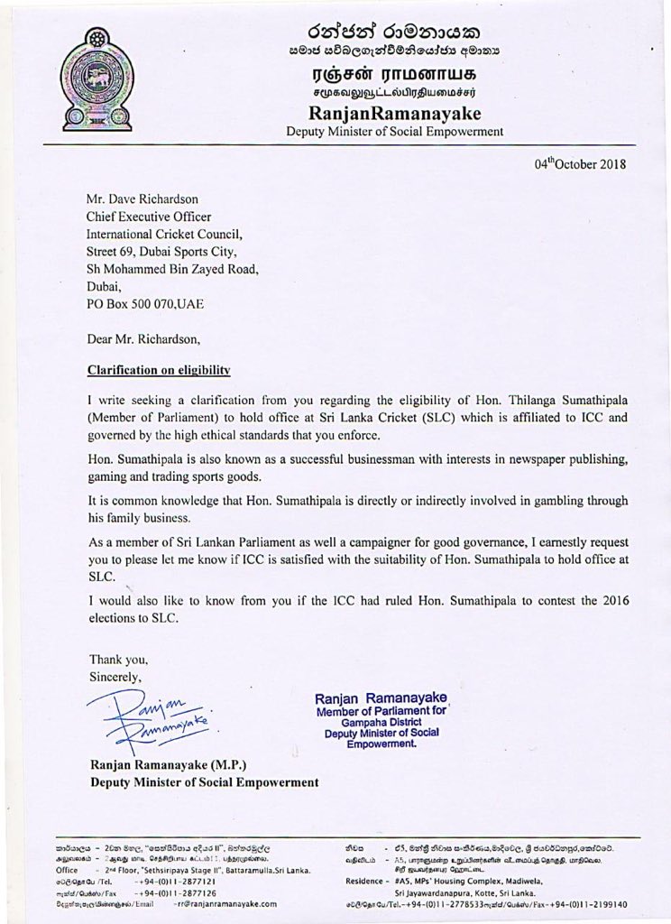 RamanayakeR's tweet photo. I wrote to the ICC earlier today requesting information on how a gambling chief was allowed to head Sri Lanka Cricket and allowed to sit on ICC meeting, @ICC is also responsible for the current situation in Sri Lanka Cricket with fixing allegations https://t.co/rQtjVZSEbl