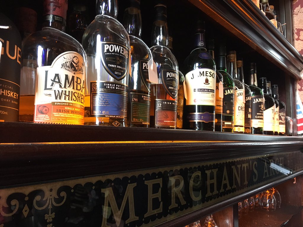 Nice to see our favourite whiskey @LambayWhiskey on the shelves of @MerchantsArch1 where we play regular gigs every week. #lambaymoments #uncorktheunique #irishwhiskey