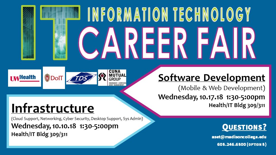 MadisonIT's tweet image. Lots of great Madison Area employers have signed on for our upcoming IT Career Fairs.  Check out it.madisoncollege.edu  to see the latest employers who've signed on for 10/10 &amp;amp; 10/17!