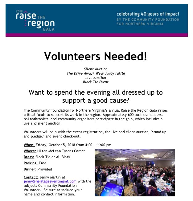 VolunteerFFX's tweet photo. Seeking something fun and meaningful to do tomorrow (Friday) night, Like to get dressed up? @CFNova is seeking volunteers for its Raise The Region Gala  at the @HiltonTysons To volunteer please contact Jenny Martin today at jenny@heritageeventmgmt.com https://t.co/1CpziIS4sY
