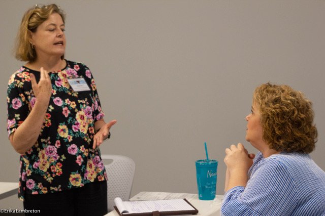Dr. Susan Reily talks with Dr. Diana Linn, Texas NAME Past President and TAMIU College of Education Chair during a session at the conference this past week.  Dr. Reily presented with Dr. Paula Griffin on “Critical Conversations of a Short-Term Study Abroad Experience.”
