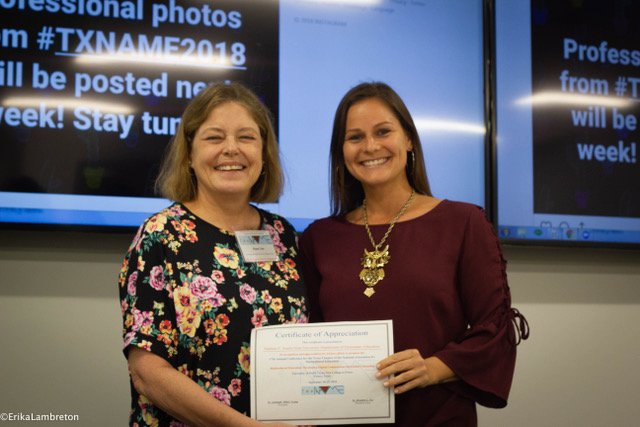 Dr. Sarah Straub, Texas NAME secretary, accepts a Certificate of Appreciation on behalf of SFASU’s Department of Elementary Education during the Texas NAME conference this past week.  Dr. Straub also presented two case studies at the conference.