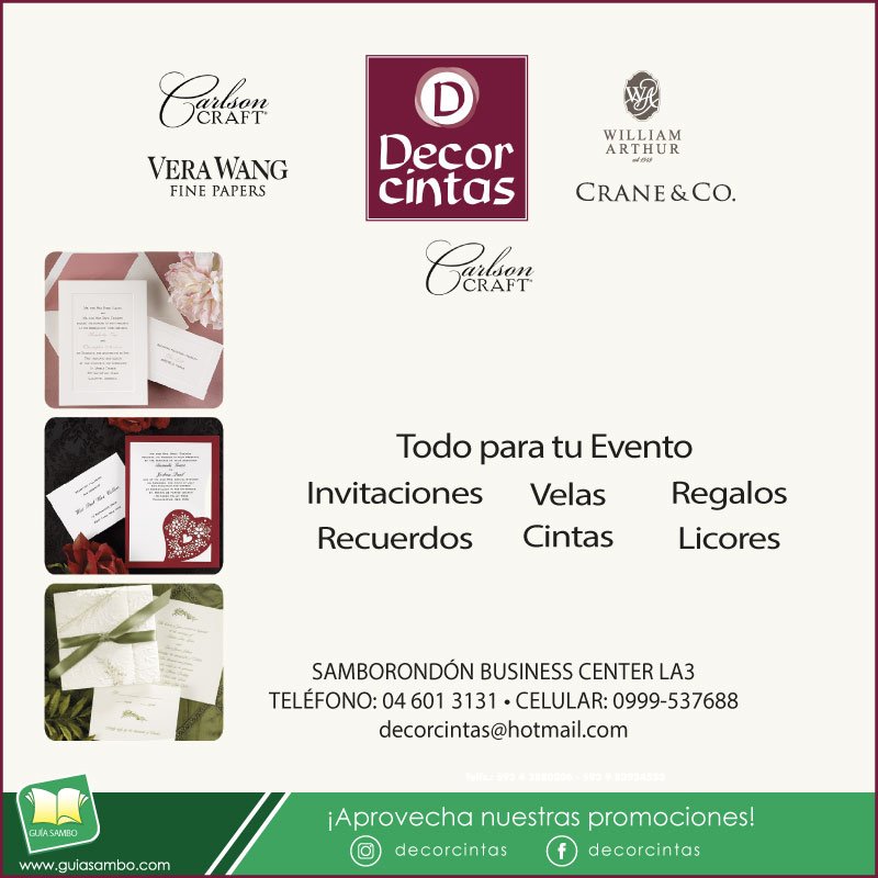 guia_sambo's tweet photo. Decorcintas Samborondon #Invitaciones #Matrimonio #Bautizo #Comunión. #GiftShop #Velas #Decoración. Samborondón Business Center PB Teléfono:6013131
https://t.co/gzYl7FtSVx

@eliloor 
@revistaemagazine 
@decorcintassambo 
@guia_daule https://t.co/3GHVP3LE3M