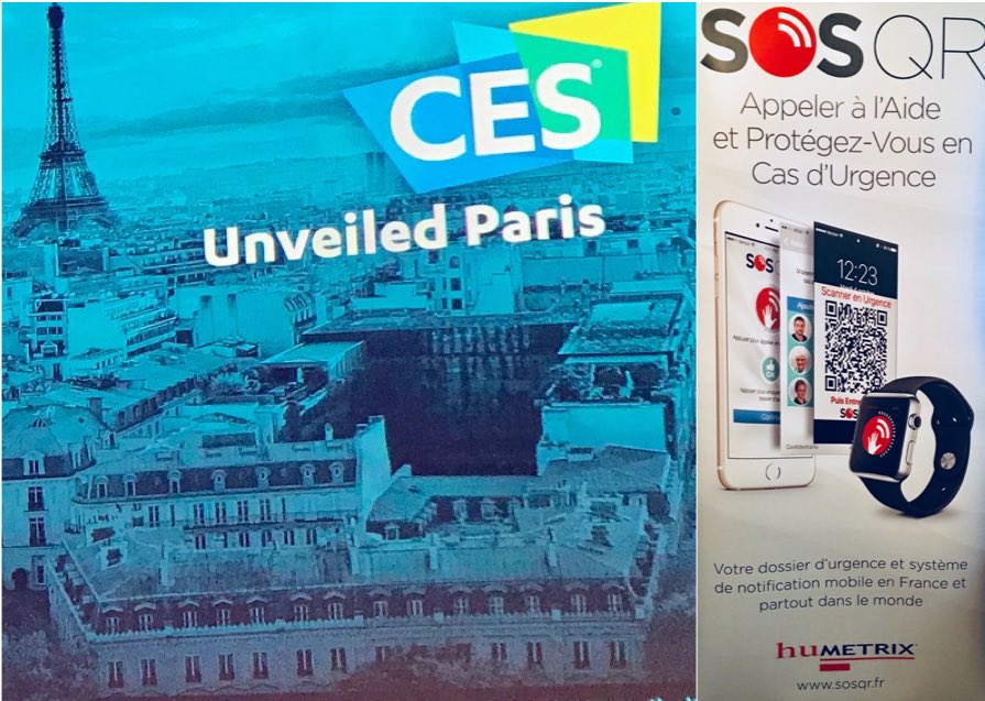 BettinaExperton's tweet photo. Avec l’équipe française de #Humetrix nous avons été heureux de participer au #CESUnveiledParis exposant #SOSQR application sécuritaire multilingue primée aux USA par la FTC et la Maison Blanche pour la préparation du Public aux urgences et prescrite en Angleterre par le NHS https://t.co/ZGzHJ2Qm3Y