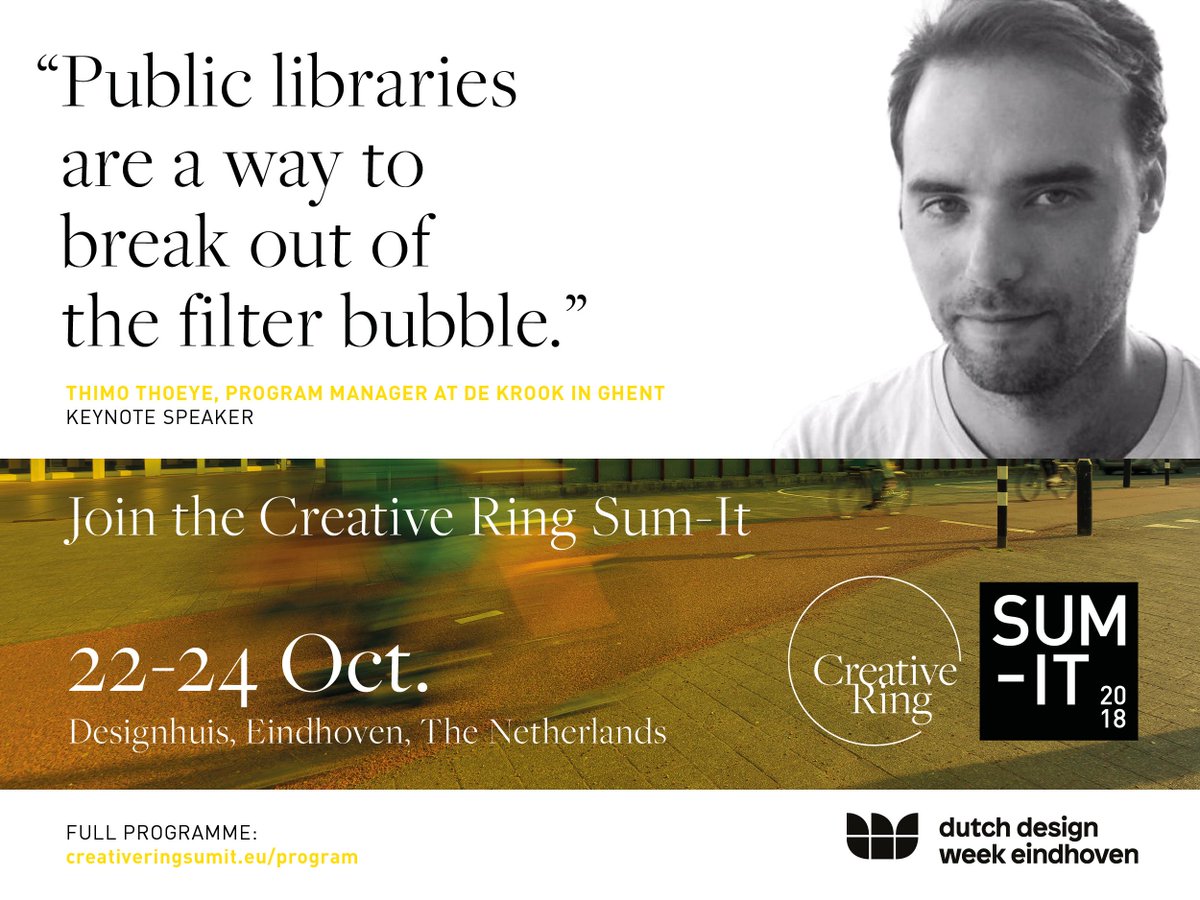 Libraries and library-buildings are taking a new and crucial role in the innovation ecosystem and in the connection between creators and the broad public. Join the discussions &amp; take part in shaping the future! @dekrookbe <a href="/bieb040/">De Bibliotheek Eindhoven</a> #CreativeRing
creativeringsumit.eu/program/