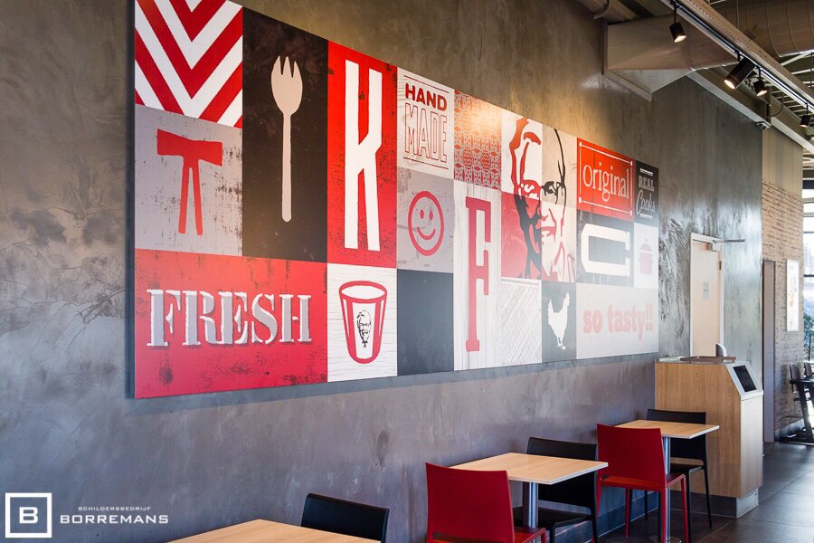 In opdracht van #KFC heeft #Schildersbedrijf #Borremans een restaurant aan de Groene Hilledijk te #Rotterdam afwerkwerkzaamheden en #schilderwerk verzorgd. Ook zijn de wanden voorzien van een #betonlook die de wanden een chique en robuuste uitstraling geven.