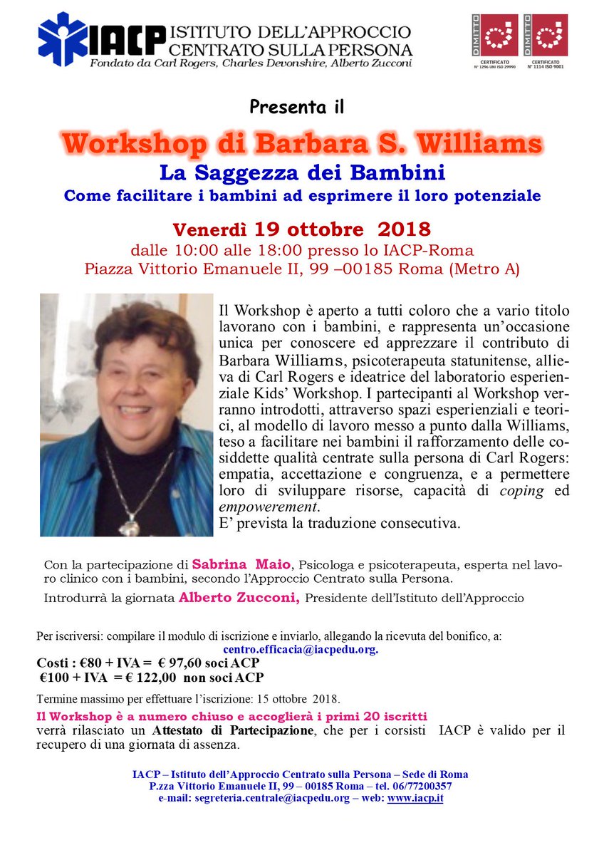 IACPsocial's tweet photo. Venerdì 19 ottobre 2018 Workshop di Barbara S. Williams "La Saggezza dei Bambini" Come facilitare i bambini ad esprimere il loro potenziale https://t.co/Pf0dIwJHdl