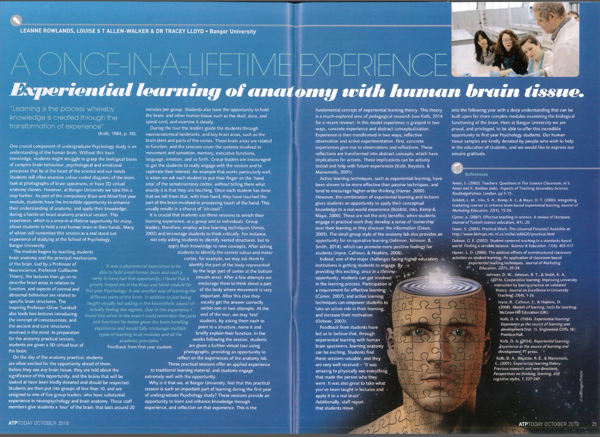 PsychBangor's tweet photo. Human Brain Anatomy - An article by @TraceyBangor & @LeanneRowlands0 in @theatp magazine this month describing how we teach #psychology @bangoruni #uniquelearningexperience https://t.co/MOMYGF3gn1
