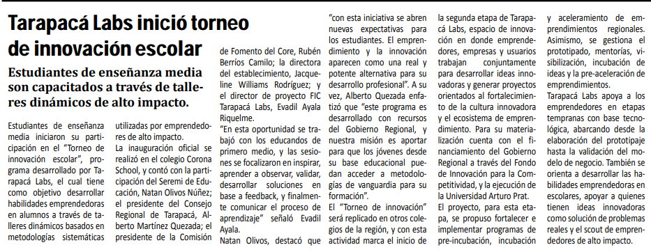 Hoy <a href="/ElLongino/">Diario El Longino</a> destaca: Tarapacá Labs inició torneo de innovación escolar. Estudiantes de enseñanza media son capacitados a través de talleres dinámicos de alto impacto. #TLabsEmprende diariolongino.cl/wp-content/upl…
