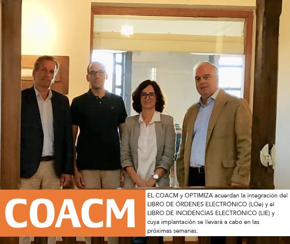 apploeES's tweet photo. El @COACM y @OPTIMIZAPROCESS acuerdan la integración del Libro de Órdenes Electrónico (@apploeES) y el Libro de Incidencias Electrónico(@applieES), cuya implementación se llevará a cabo en las próximas semanas. https://t.co/uOy8n6BVDG