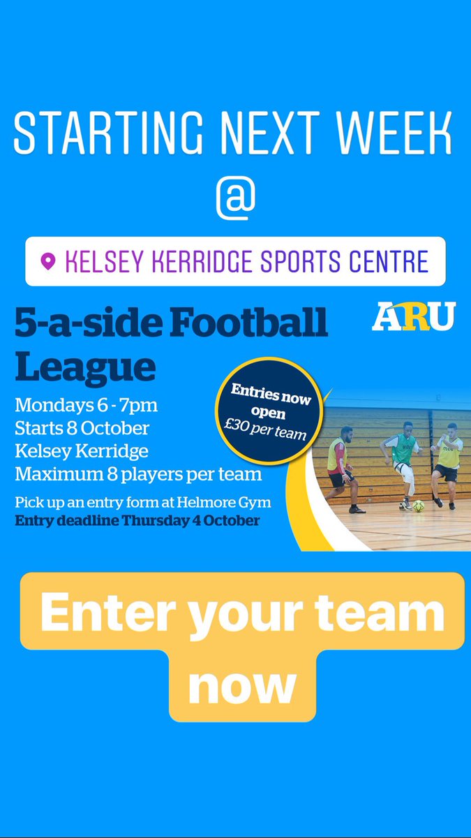Anglia Ruskin University Cambridge Futsal (@angliafutsal) on Twitter photo Campus Sport | You don't want to miss out on our fun filled 5-a-side league.
Get your team entries in to Helmore Gym before Thursday at 5pm. 
Cant get a team together then still head to Helmore Gym and we will try and find you one. Campus Sport | You don't want to miss out on our fun filled 5-a-side league.
Get your team entries in to Helmore Gym before Thursday at 5pm. 
Cant get a team together then still head to Helmore Gym and we will try and find you one.