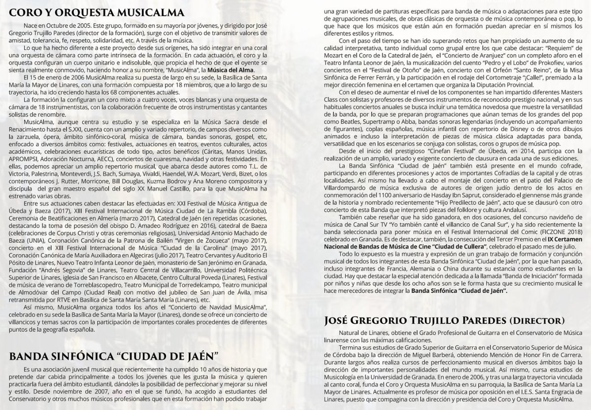 6.10.2018 20.30h C. Bernabé Soriano
#BSCJ <a href="/MusicAlmaCoroyO/">MusicAlma</a> @SoftwareDELSOL <a href="/CulturaTurism/">Patronato de Cultura</a> <a href="/turismodejaen/">Turismo Jaén</a> <a href="/DiarioJAENes/">Diario JAÉN</a> <a href="/ideal_jaen/">ideal_jaen</a> <a href="/HoraJaen/">Hora Jaén</a> <a href="/JaenSquare/">JaénSquare ©</a> @VivaJaen <a href="/CondondeJaen/">Condón De Jaén </a> <a href="/Jaensemueve/">Jaen se mueve</a> <a href="/AytoJaen/">Ayuntamiento de Jaén</a> @ondajaenrtv <a href="/BandaMdeJaen/">BandaMunicipaldeJaen</a> <a href="/Juventud_Jaen/">Juventud_Jaén</a> <a href="/Jaen24h/">Jaén24h ®</a> <a href="/EnJaenEs/">Enjaen.es</a> <a href="/niPOPniJAZZjaen/">nipopnijazz.com</a>