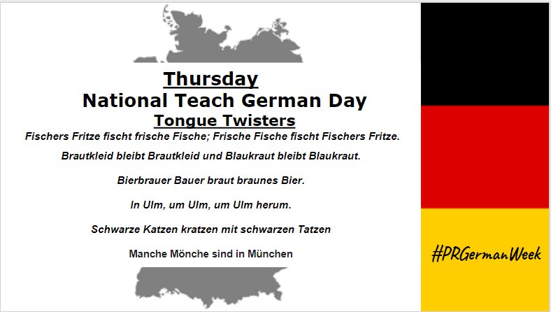 PRGermanClub's tweet image. Its National #TeachGerman Day!!! @PRGermanClub #NationalGermanWeek Challenge Nr. 4:  Learn a German #Zungenbrecher and record it to @instagram or @Twitter w/ #PRGermanWeek for fabulous #German Prizes.