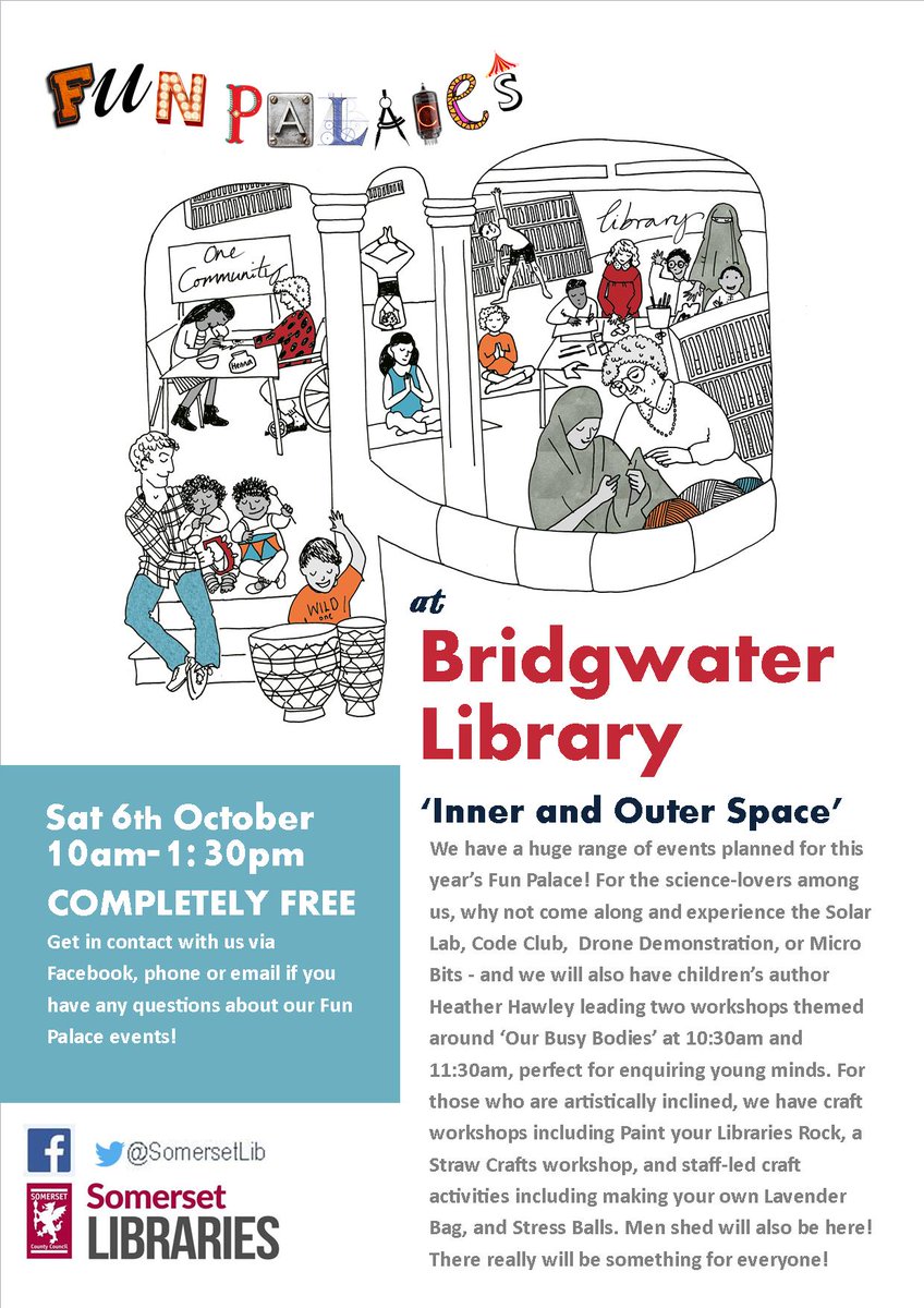 FunPalacesSom's tweet photo. We have a huge range of events planned for this year’s #Bridgwater @FunPalaces event! From coding to drones, author workshops to craft activities, to wellbeing and craft activities, why not visit this Saturday and check out all our great community events. https://t.co/9TAa5UDX6r