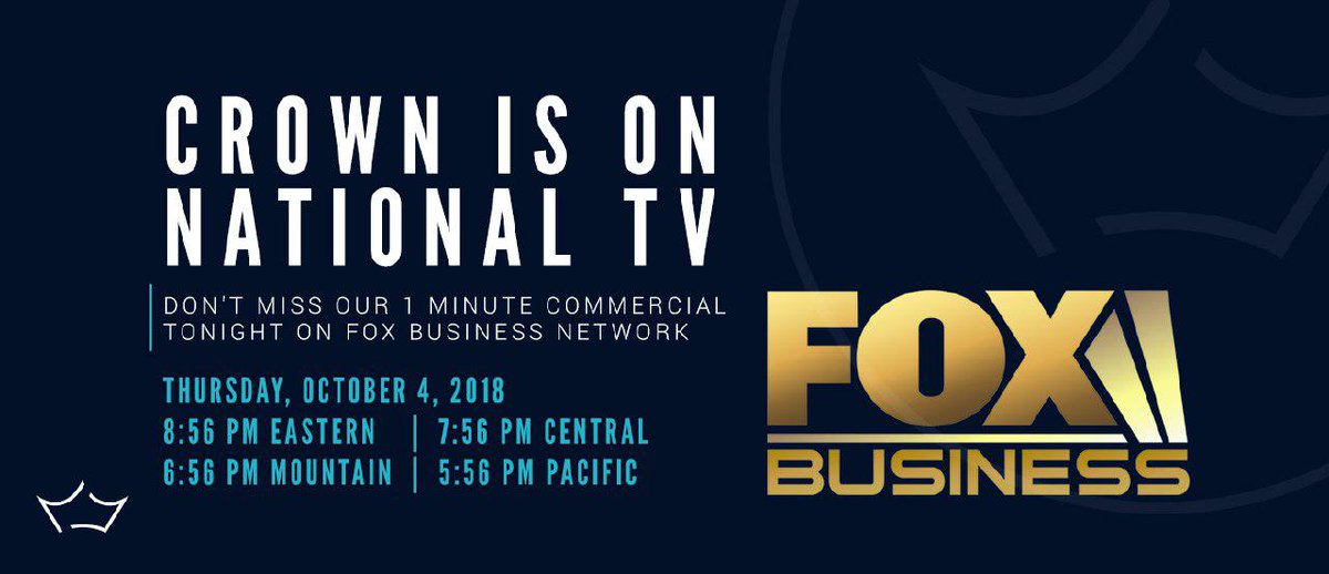 Crown reaches US National Television. The <a href="/RobLowe/">Rob Lowe</a> #SuccessFiles airing will feature a commercial segment about @crownplatform. Millions of people will know who we are and what we stand for.
#blockchain #FoxBusiness #crownplatform $CRW