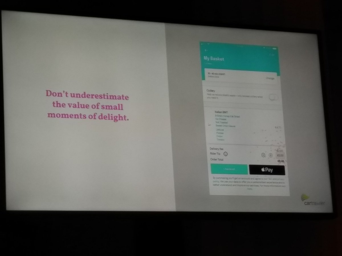 tomwillfixit's tweet photo. "Don't underestimate the value of small moments of delight" @CarTrawler #UXDX18 Small changes can have big impacts. 38% increased conversion rate just by a small iteration to a UI. https://t.co/Ieys9672jg